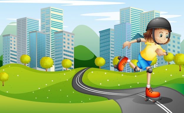 Бесплатное векторное изображение Девушка катается на роликах на дороге в защитном шлеме