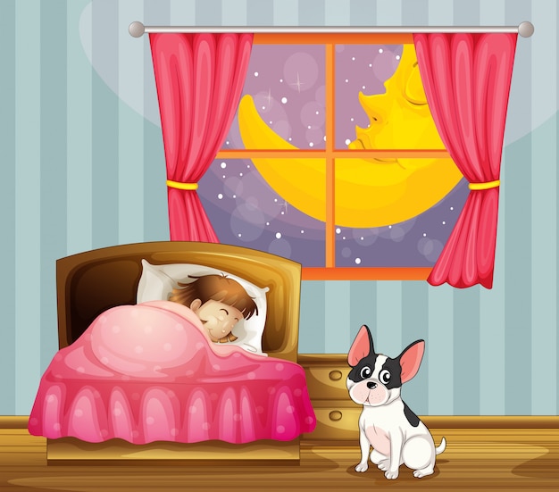 犬と一緒に彼女の部屋で寝る女の子 プレミアムベクター 犬と一緒に彼女の部屋で寝る女の子 プレミアムベクター