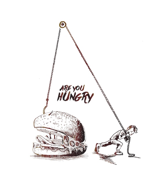 ハンバーガーでロープを引っ張る空腹の男手描きベクトルの背景