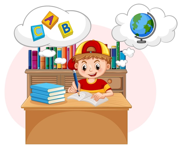 Бесплатное векторное изображение Ребенок делает домашнее задание с речевым пузырем в библиотеке