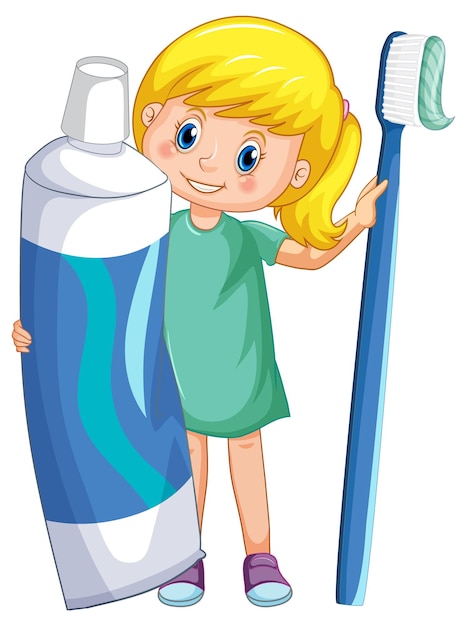 Бесплатное векторное изображение Маленькая девочка держит зубную пасту и зубную щетку на белом бэкгро