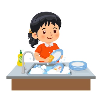 台所​で​皿洗い​を​している​少女