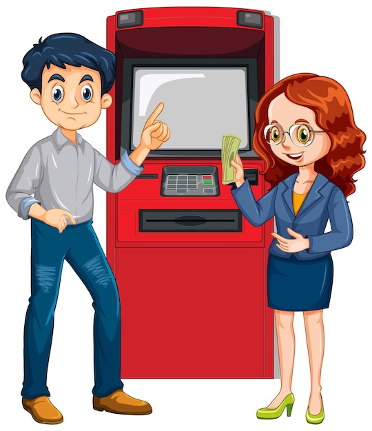 Atm 기계에서 돈을 인출하는 남자와 그의 아내 만화 캐릭터