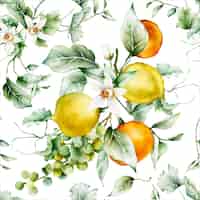 Бесплатное векторное изображение Бесшовный узор с лимонами и цветами на белом фоне