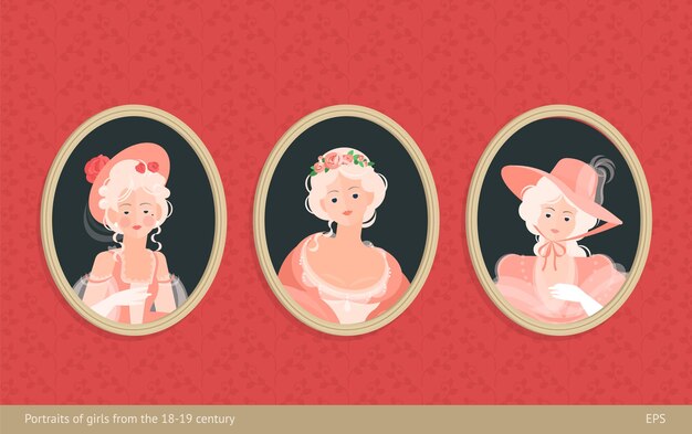 フレーム内の絵画のセット 18 19世紀のドレスを着た女の子 頭にかわいいカール 高貴な肖像画 ヴィンテージの壁紙の背景に フラットスタイルのカラフル なイラスト プレミアムベクター
