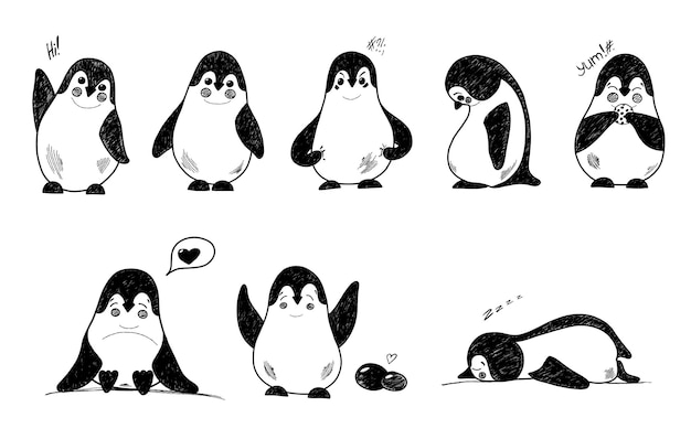 手描き​スタイル​の​さまざまな​感情​の​イラスト​と​かわいい​面白い​ペンギン​の​セット