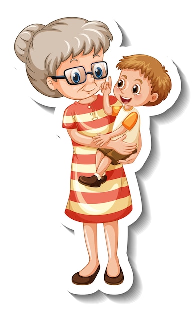 Бесплатное векторное изображение Шаблон стикера со старухой, держащей внука в позе стоя