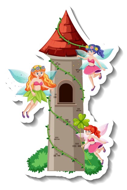 Шаблон стикера со многими персонажами мультфильма фей и замком