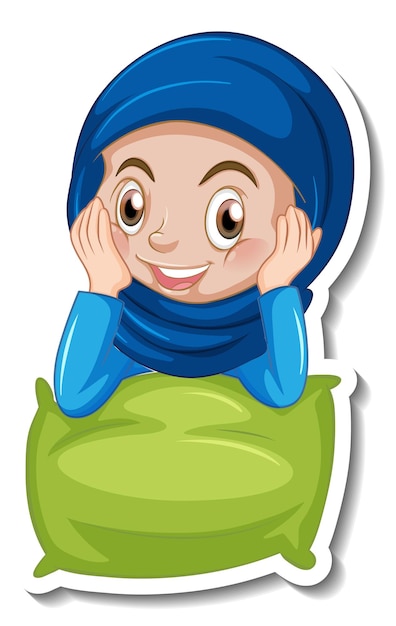 무료 벡터 이슬람 소녀가 베개를 껴안고 있는 스티커 템플릿