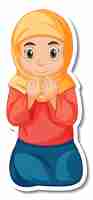 무료 벡터 만화 캐릭터를 기도하는 이슬람 소녀가 있는 스티커 템플릿