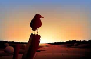 無料ベクター 大きな鳥と砂漠の夕日の景色