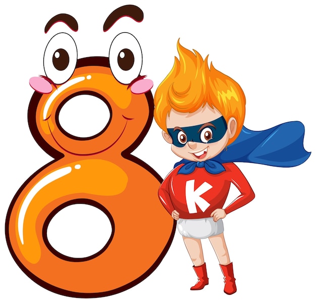 Бесплатное векторное изображение Мальчик-супергерой с мультфильмом номер восемь