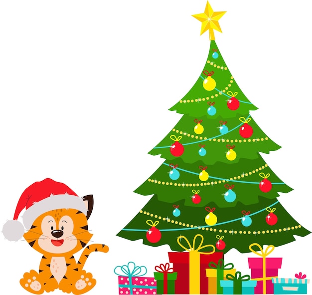 帽子​を​かぶった​トラ​が​プレゼント​を​持って​クリスマスツリー​に​座っています