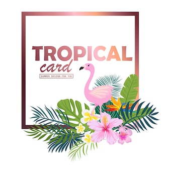 Тропическая открытка с пальмовыми листьями и экзотическими цветами дизайн летних джунглей идеально подходит для флаеров