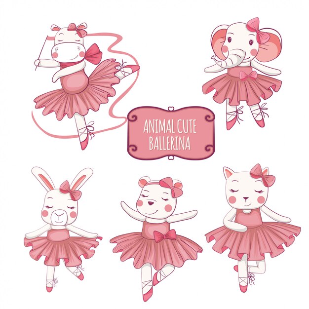 バレエシューズとピンクのチュチュで踊るかわいいバレリーナ 分離されたベクトル漫画少女キャラクターセット プレミアムベクター