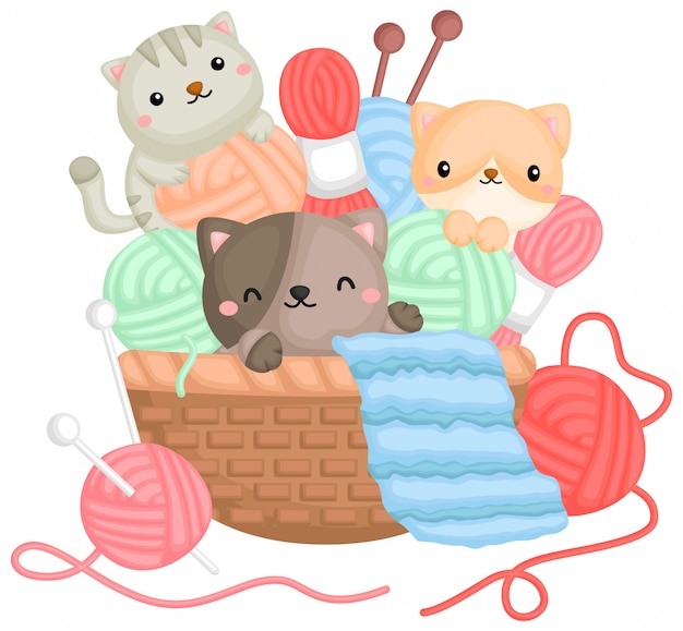 Вектор кошек, играющих с пряжей в корзине