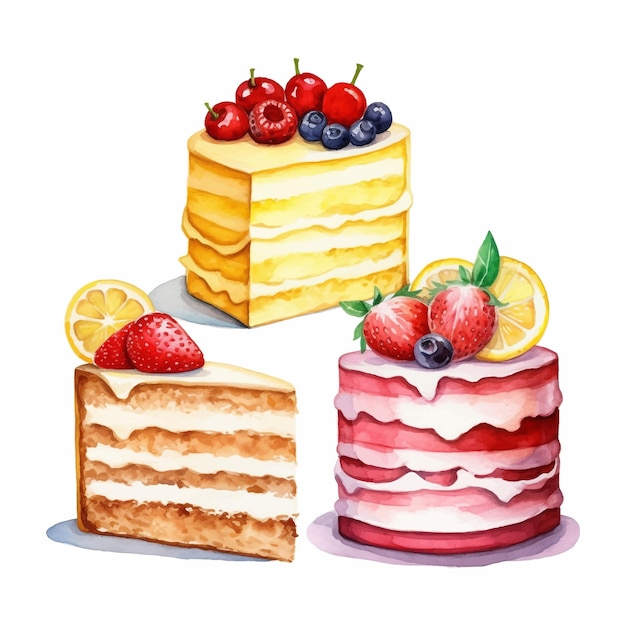 Бесплатное векторное изображение Набор акварельных клипартов из тортов и кусочков торта с лимоном, клубникой и вишней