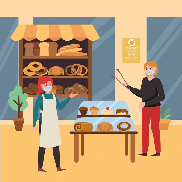 パン屋さんのイラストで焼きたてのパンを買う女性 プレミアムベクター