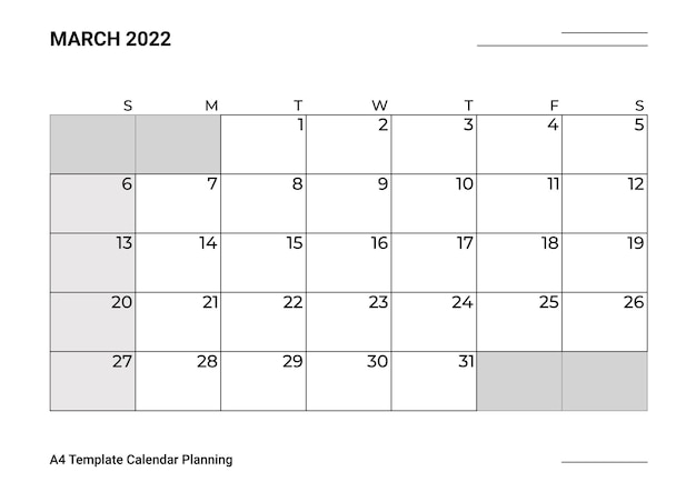 Планирование календаря A4 шаблон март