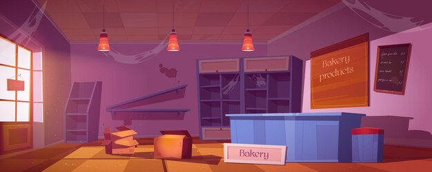 Abandoned bakery, empty neglected bake house interior with broken shelves, dirty chalk menu board and spider webs and boxes on floor.