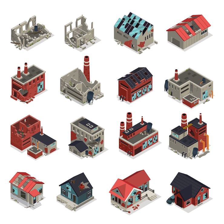 Free Vector abandoned buildings isometric set