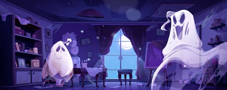 Free Vector abandoned destroyed art studio with ghosts