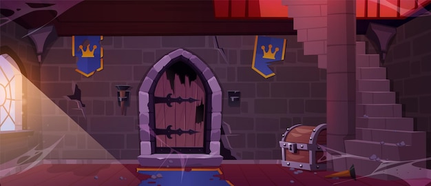 Free vector abandoned dungeon in medieval castle vector cartoon illustration of room with torn flags damaged wooden door dust and cobweb on stone walls treasure chest under old staircase sunlight in window