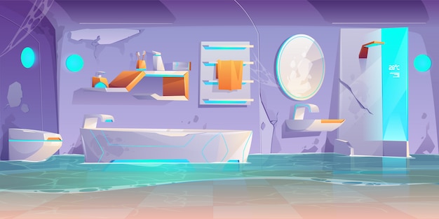 Free vector abandoned futuristic bathroom, flooded interior