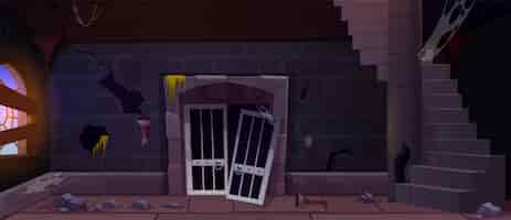 無料ベクター 放棄されたゲーム中世の城刑務所ダンジョン独房の背景壊れたドアと床に石のある乱雑な暗いインテリア塔のシーンの図で罰のための檻のゲートを持つレンガの石積みの壁