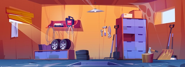 Free vector abandoned garage interior dirty house storage