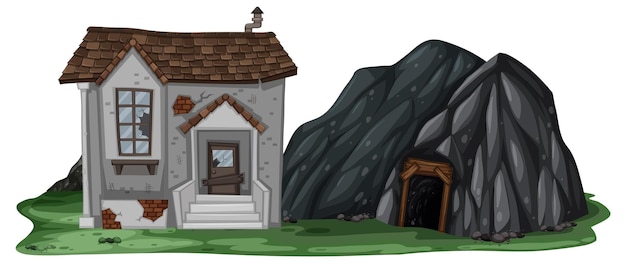 An abandoned house with a rock cave on white background