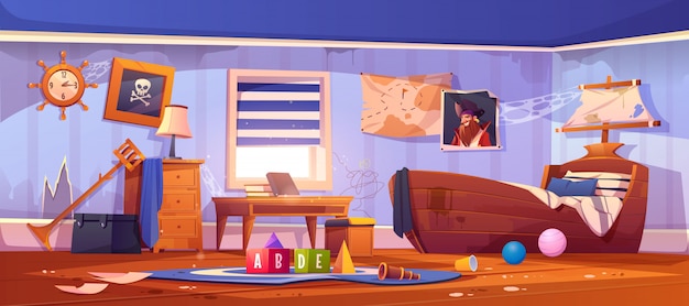 Free vector abandoned kids bedroom in pirate style, interior