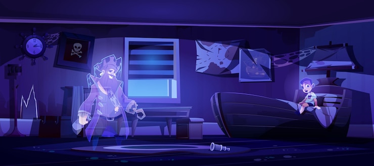 Free Vector abandoned kids room at night with ghosts of pirate and little boy in darkness. scary old interior with moonlight falling on floor through window. cartoon.
