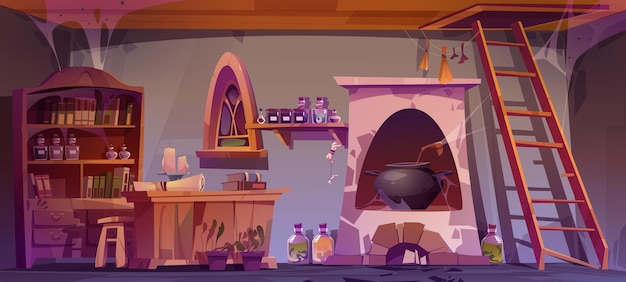 Free vector abandoned potions shop interior dusty furniture