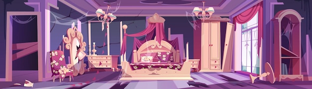 Free vector abandoned princess bedroom room messy interior