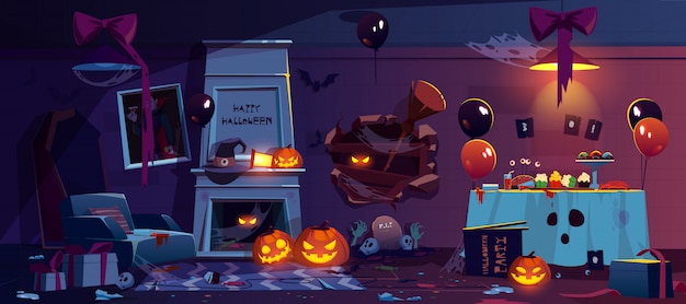 Vettore gratuito stanza abbandonata con decorazioni per feste di halloween