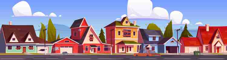 Free vector abandoned suburb houses suburban street with old residential cottages with boarded up windows and doors holes in walls and destroyed cars countryside neglected buildings cartoon  illustration