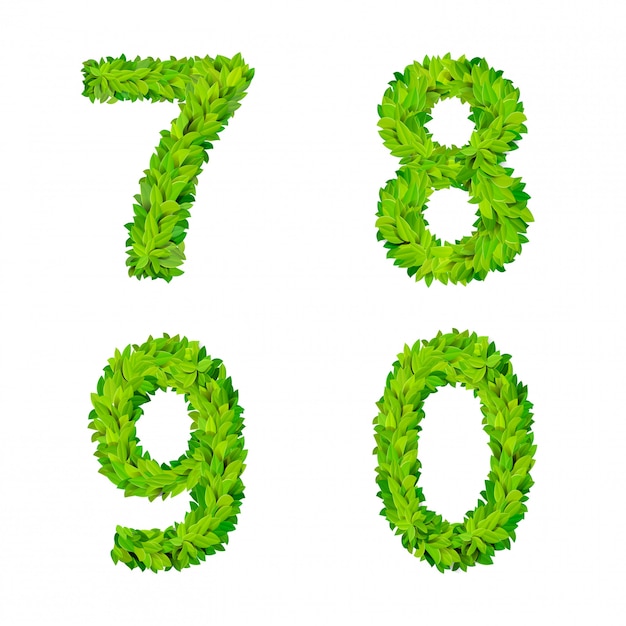 ABCの草の葉文字数要素現代の自然プラカードレタリング緑豊かな葉の落葉性セット。 7 8 9 0葉葉葉状自然手紙ラテン英語アルファベットフォントコレクション