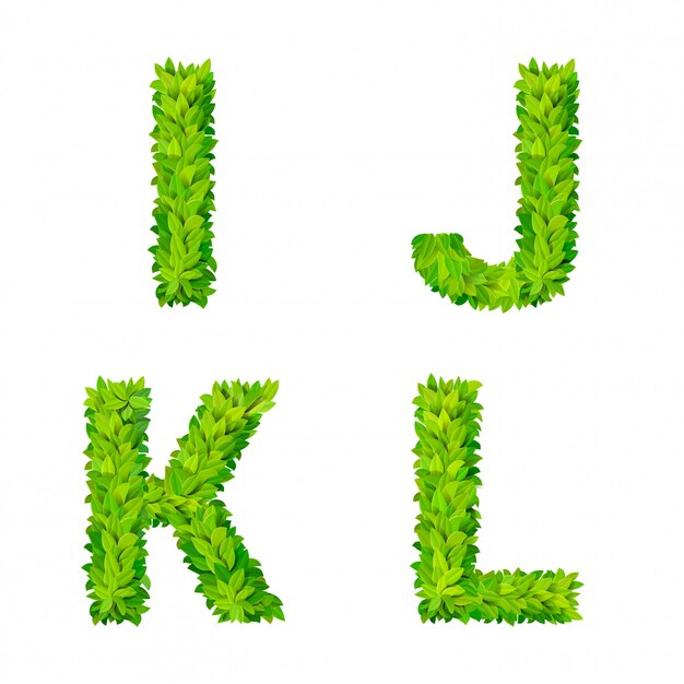 ABC grass leaves letter number elements modern nature placard lettering leafy foliar deciduous   set. I J K L leaf leafed foliated natural letters latin English alphabet font collection.