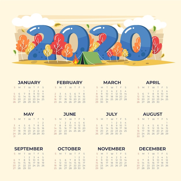 Бесплатное векторное изображение Шаблон календаря 2020 года