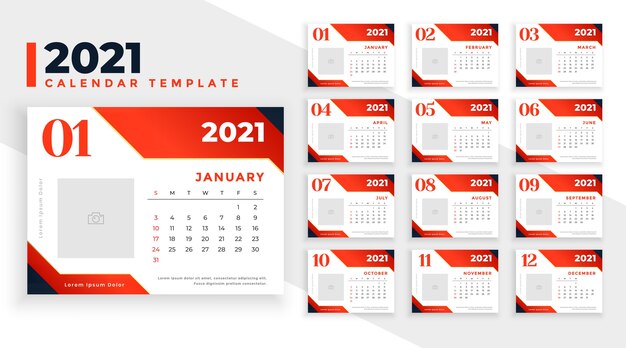 Abstract 2021 calendar template in red color theme