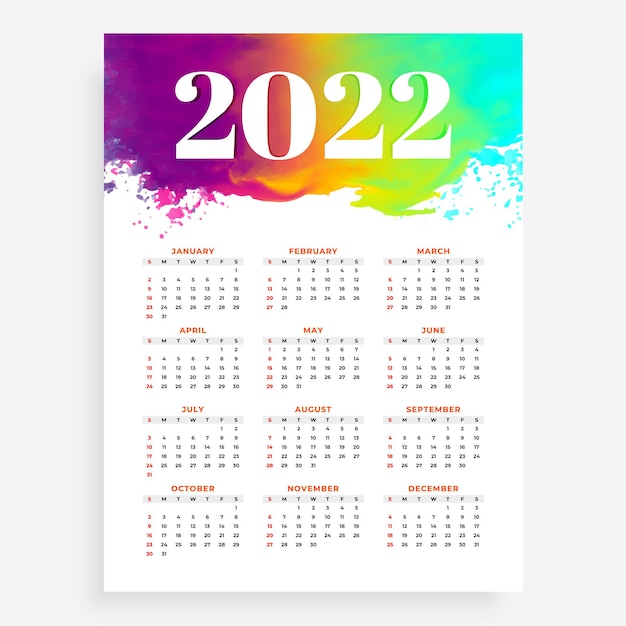 Free vector abstract 2022 calendar in watercolor style