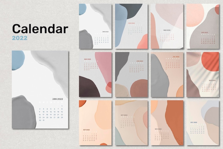 Free Vector abstract 2022 monthly calendar template, watercolor design vector set