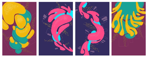 Poster di arte astratta con macchie di vernice forme fluide e geometriche e texture grunge banner verticali vettoriali con sfondo di opere d'arte moderne con pittura creativa