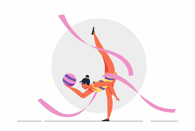 Free vector abstract athlete girl gymnast performing rhythmic gymnastics elements with ball, ribbon illustration