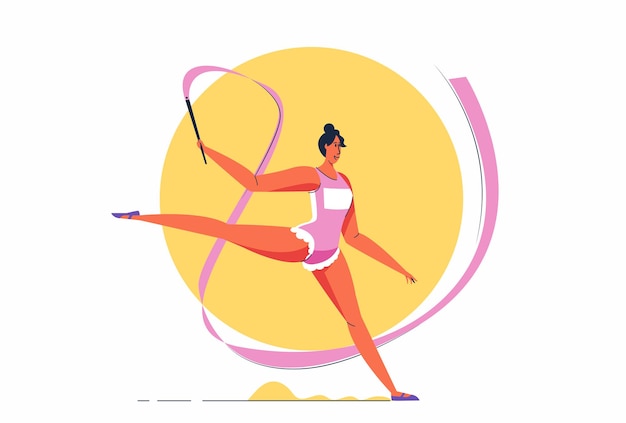 Abstract athlete girl gymnast Performing Rhythmic Gymnastics Elements with Ribbon Illustration