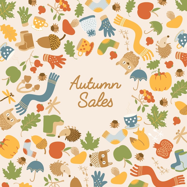 碑文と光のカラフルな季節の要素を持つ抽象的な秋の販売テンプレート