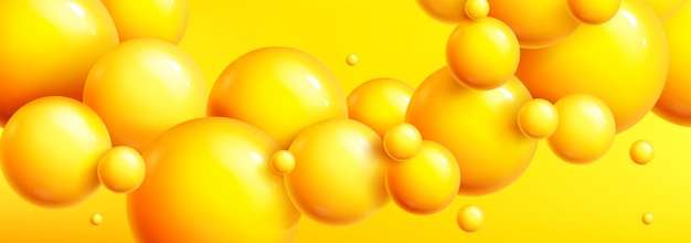 Free vector abstract background with 3d spheres plastic balls poster banner template with pattern of flying glossy yellow bubbles creative wallpaper with circle objects vector realistic illustration