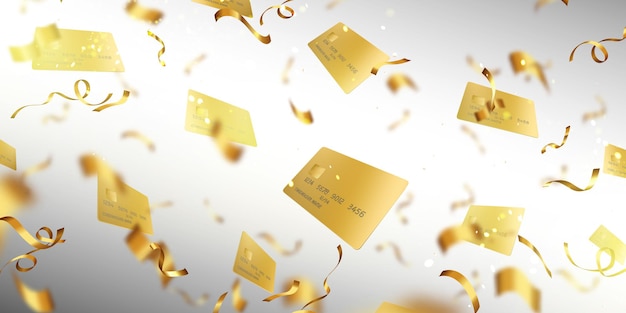 Абстрактный фон с золотыми кредитными картами и конфетти, случайно летящими на размытом фоне. Клиент Vip банка золотые поздравления, презентация финансового бизнеса Реалистичный трехмерный векторный дизайн шаблона