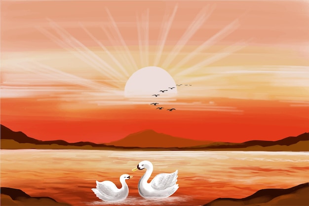 Free vector abstract beautiful sunset scene background with ducks